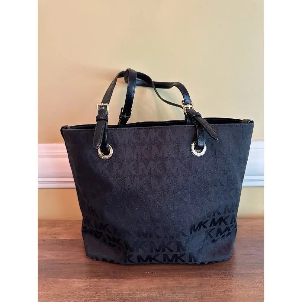 Michael Kors MK Logo Black Canvas Tote Bag Purse Handbag Designer